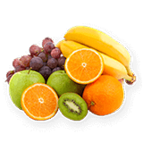 A pile of grapes, oranges, bananas, kiwi and apples.