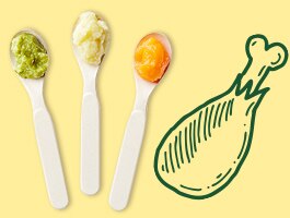 Three spoons with baby food beside a green illustrated chicken leg.