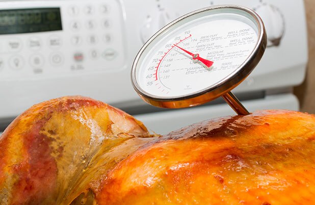 Un pavo entero en el horno con un termómetro para carnes.