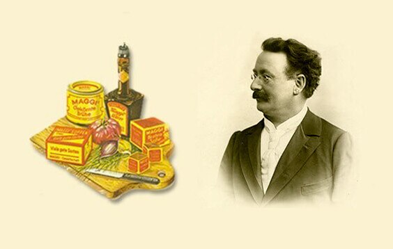 An illustration of vintage MAGGI products on a cutting board with a knife, tomato, and shallot.