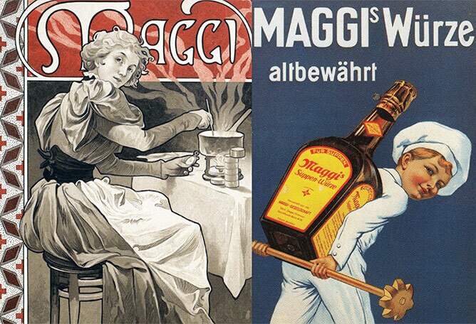 Two vintage ads side by side. One shows an illustration of a woman sitting over a white table clothed table.