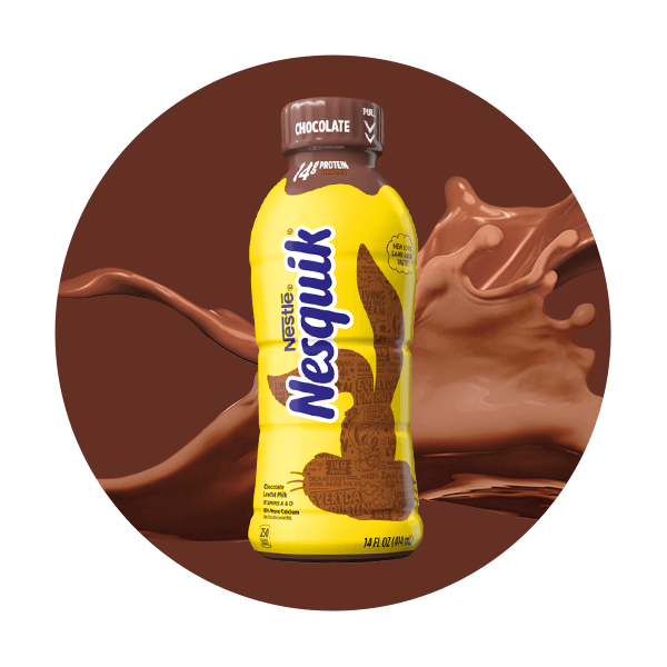 A bottle of chocolate NESQUIK on a wave chocolate milk inside a brown circle.