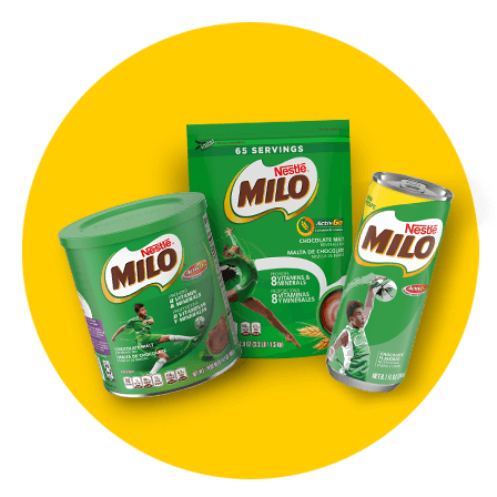 Packages of MILO powder and drinks on a yellow circle.