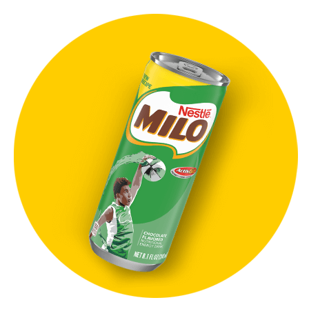 A can of MILO on a yellow circle.