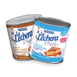 Latas de dulce de leche y leche condensada azucarada.