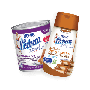 Una botella exprimible de dulce de leche junto a una lata de leche condensada azucarada sin lactosa.