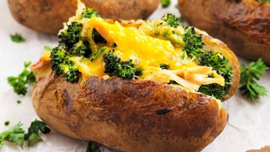 Three baked potatoes loaded with cheese, chicken and broccoli on a cutting board with parchment.
