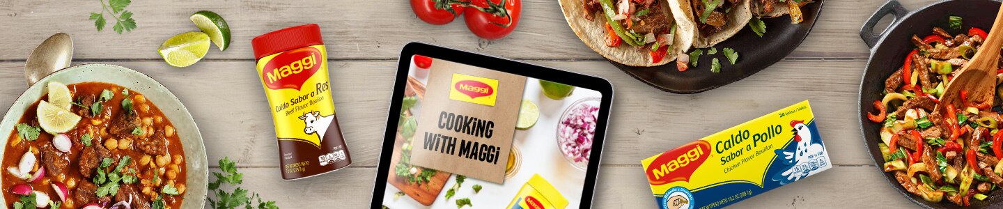 Maggi Recipes on a tablet surrounded by two Maggi products, tacos, stir fry, vegetables, and soup.