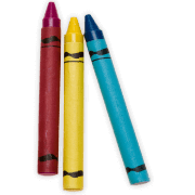 Blue, red, and yellow crayons.