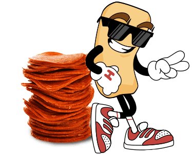 'Herbie approved!' next to a stack of pepperonis and Herbie in sunglasses.