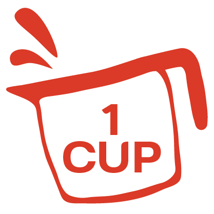 An image of a measuring cup with "1 cup" in the center with liquid pouring out
