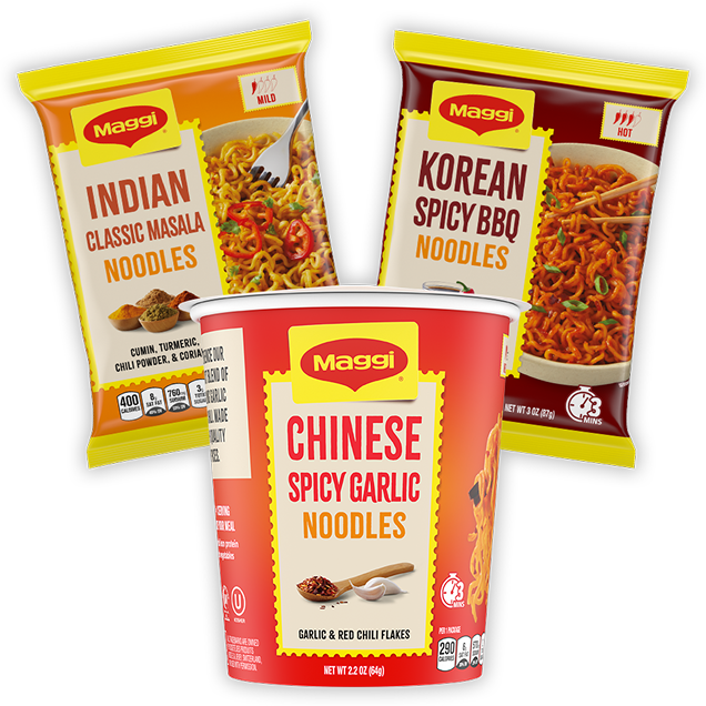 Square packets of Indian Classic Masala and Korean Spicy BBQ noodles behind a cup of Chinese Spicy Garlic Noodles.