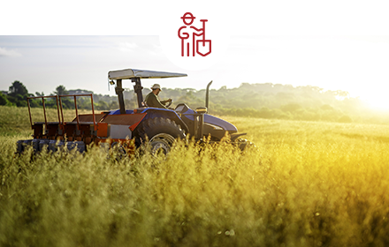 Farmer on a tractor rides through a green wheat field with large green trees in the distance.