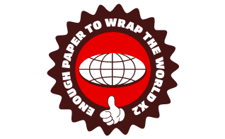 Badge with a world in it and thumbs up symbol with "Enough material to wrap the world x2" surrounding it.