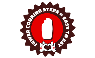 Badge with a Hot Pocket in it and heart hand symbol with "Fewer cooking steps = easy to make" surrounding it.