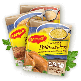 Maggi soup products surrounded by tomato slices and herbs