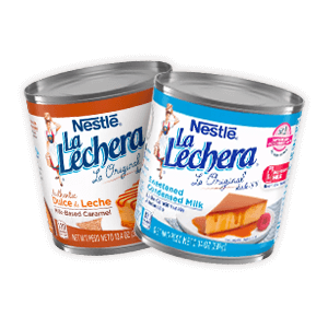 Cans of dulce de leche and sweetened condensed milk.