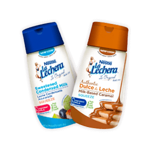 A squeeze bottle of dulce de leche beside a bottle of lactose-free sweetened condensed milk.
