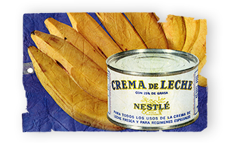 A vintage ad for Nestlé Pure Thick Cream with a can of cream on a bunch of plantains.