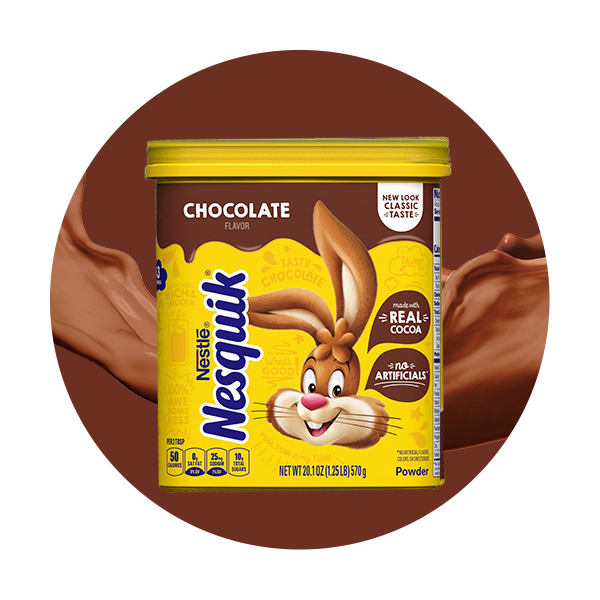 A container of chocolate powder on a wave of chocolate milk inside a brown circle.