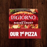A package of DiGiorno Supreme Rising Crust pizza on a wood surface featuring a red ribbon across the image that reads "OUR 1s