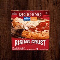A package of DiGiorno Half Pepperoni Half Cheese Rising Crust pizza featuring a product image and orange and blue labels that