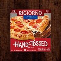 A package of DiGiorno Hand-Tossed Crust pizza featuring a product image with "Pizzeria!" in white type across it and a red la