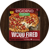 A red box of DiGiorno® Wood Fired Style Crust pizza with an image of a slice of pepperoni being pulled away.