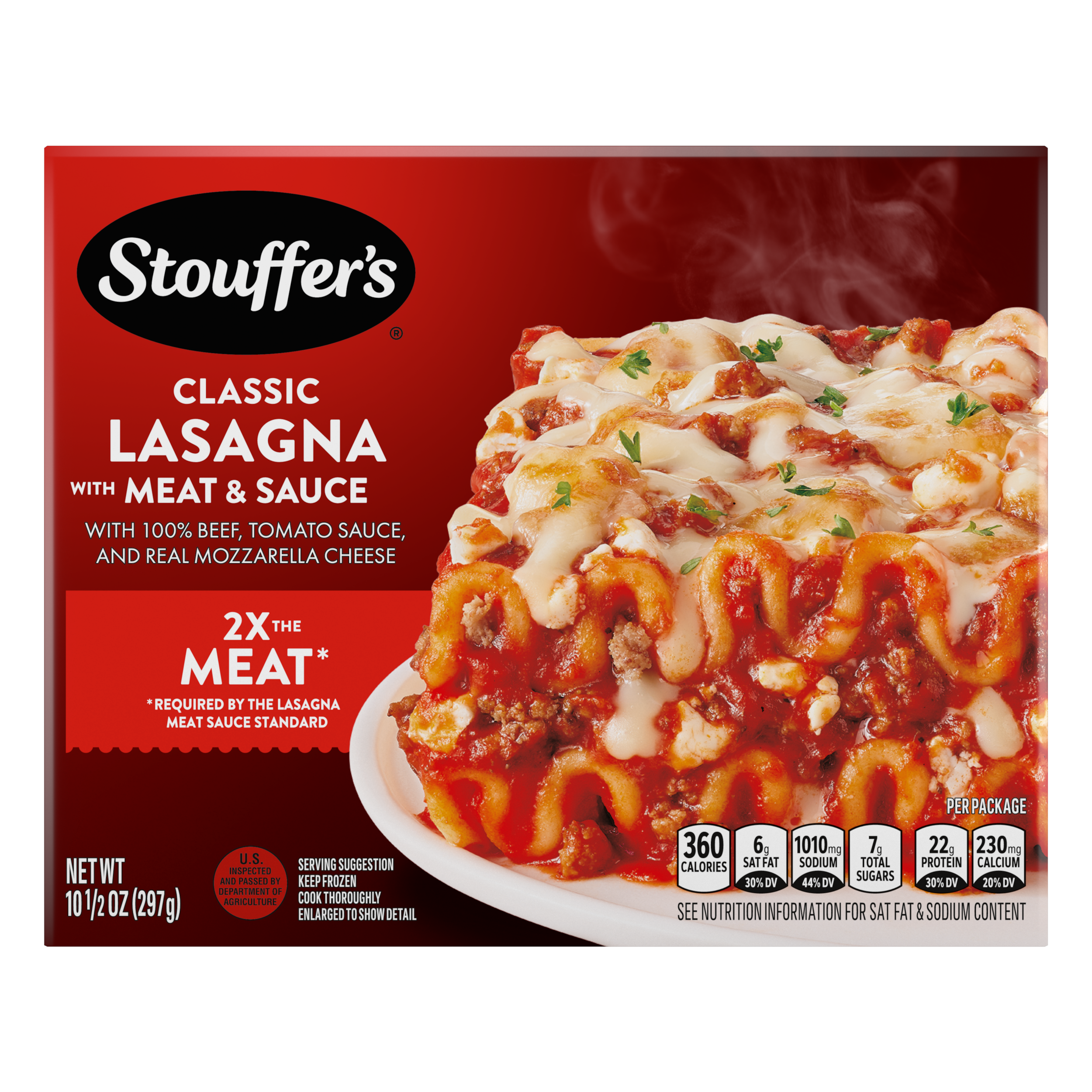 A box of lasagna with meat & sauce featuring a slice of lasagna on a white plate beside a fork under a red label.
