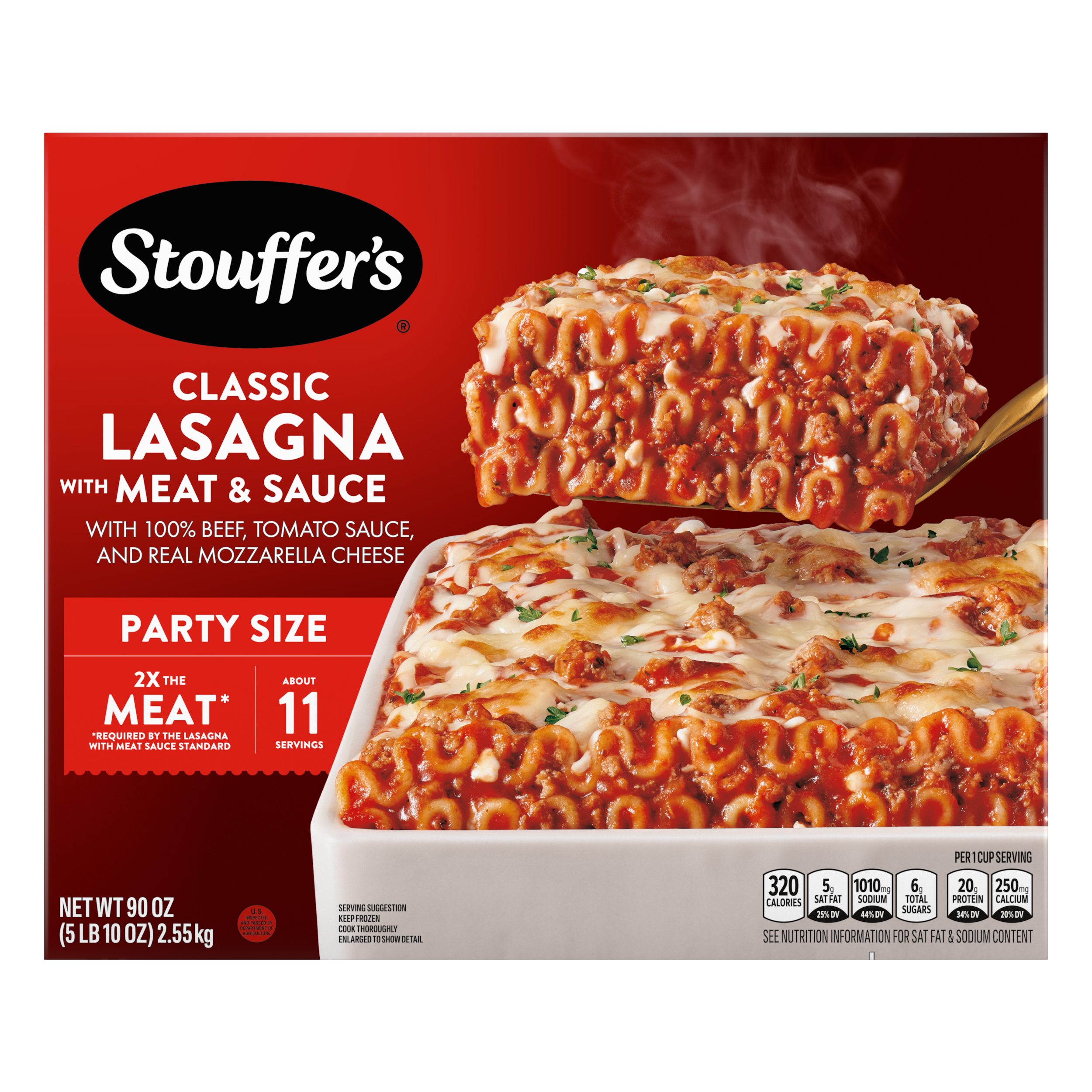 A box of lasagna with meat & sauce featuring a slice of lasagna on a spatula beside a red casserole dish under a red label.