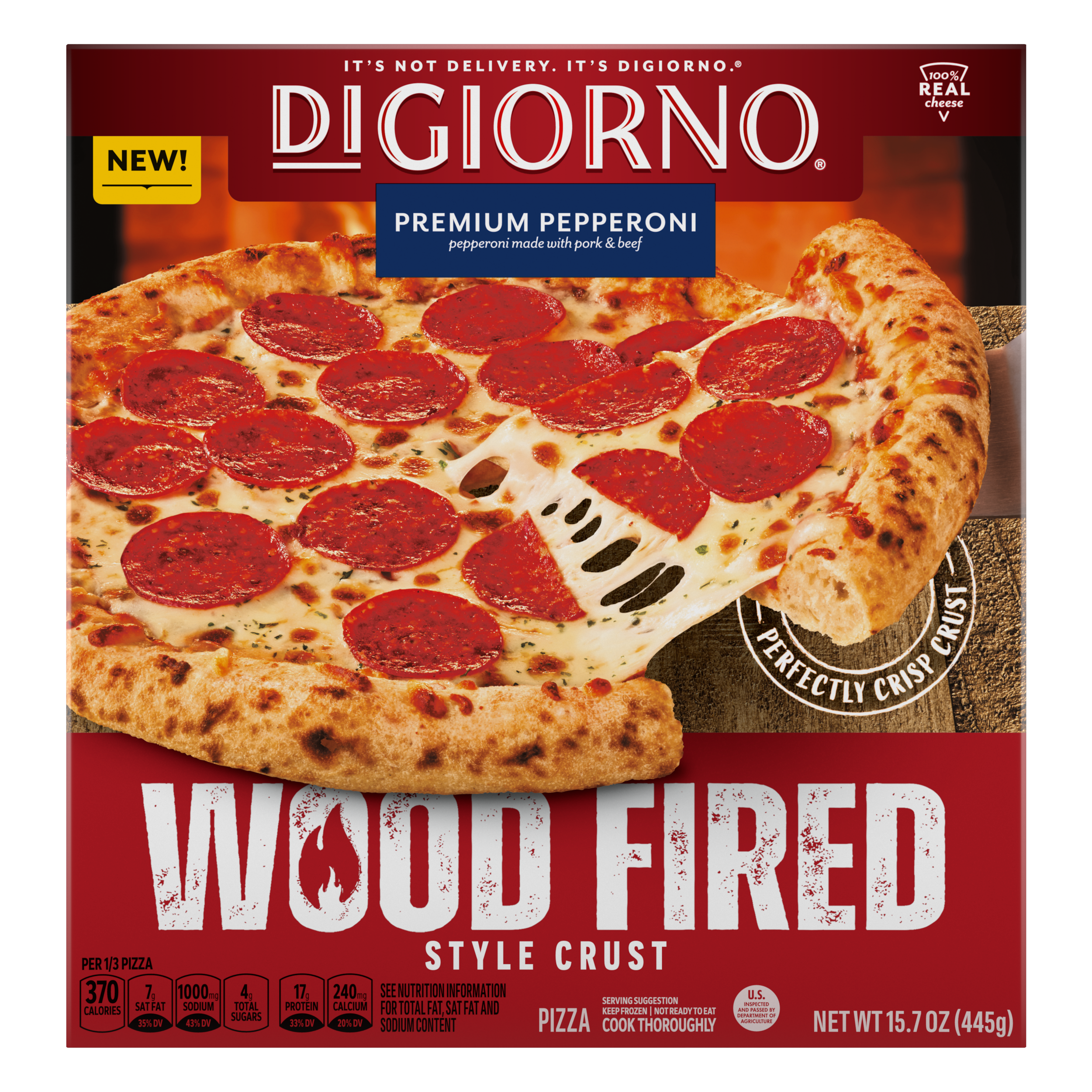 Front Center view of DIGIORNO Frozen Wood Fired Pizza Premium Pepperoni 15.7oz Box NET WT 15.7 oz (445g) product.