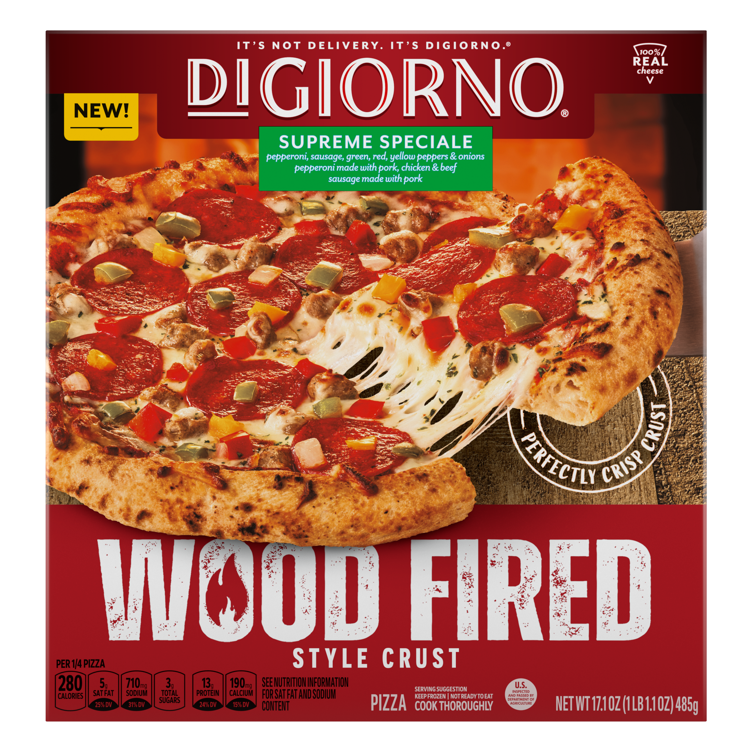 Front Center view of DIGIORNO Frozen Wood Fired Pizza Supreme 17.1oz Box NET WT 17.1 oz (1 lb. 1.1 oz) 485g product.