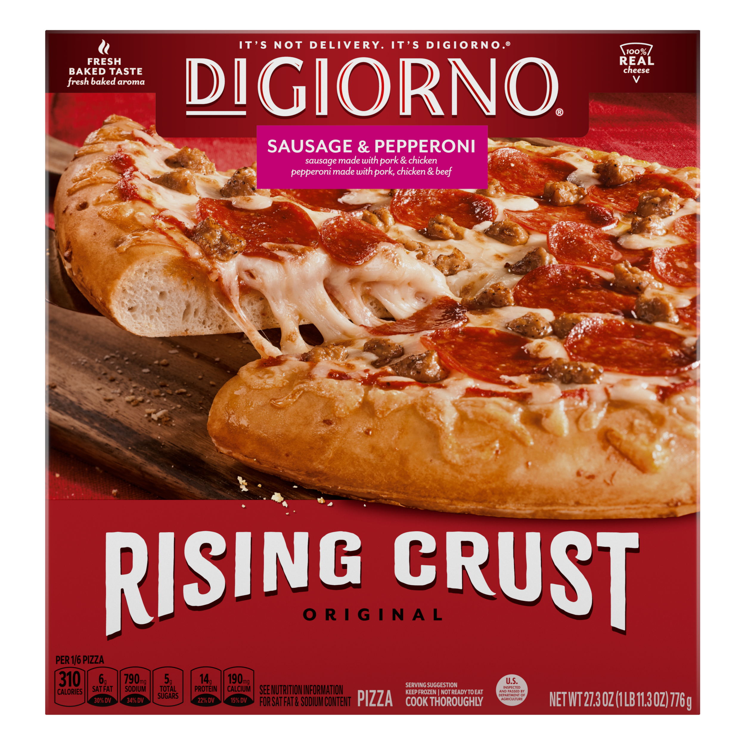Caja de pizza Rising Crust Sausage & Pepperoni de DiGiorno con una porción sobre una tabla de cortar y el logotipo de Rising Crust.