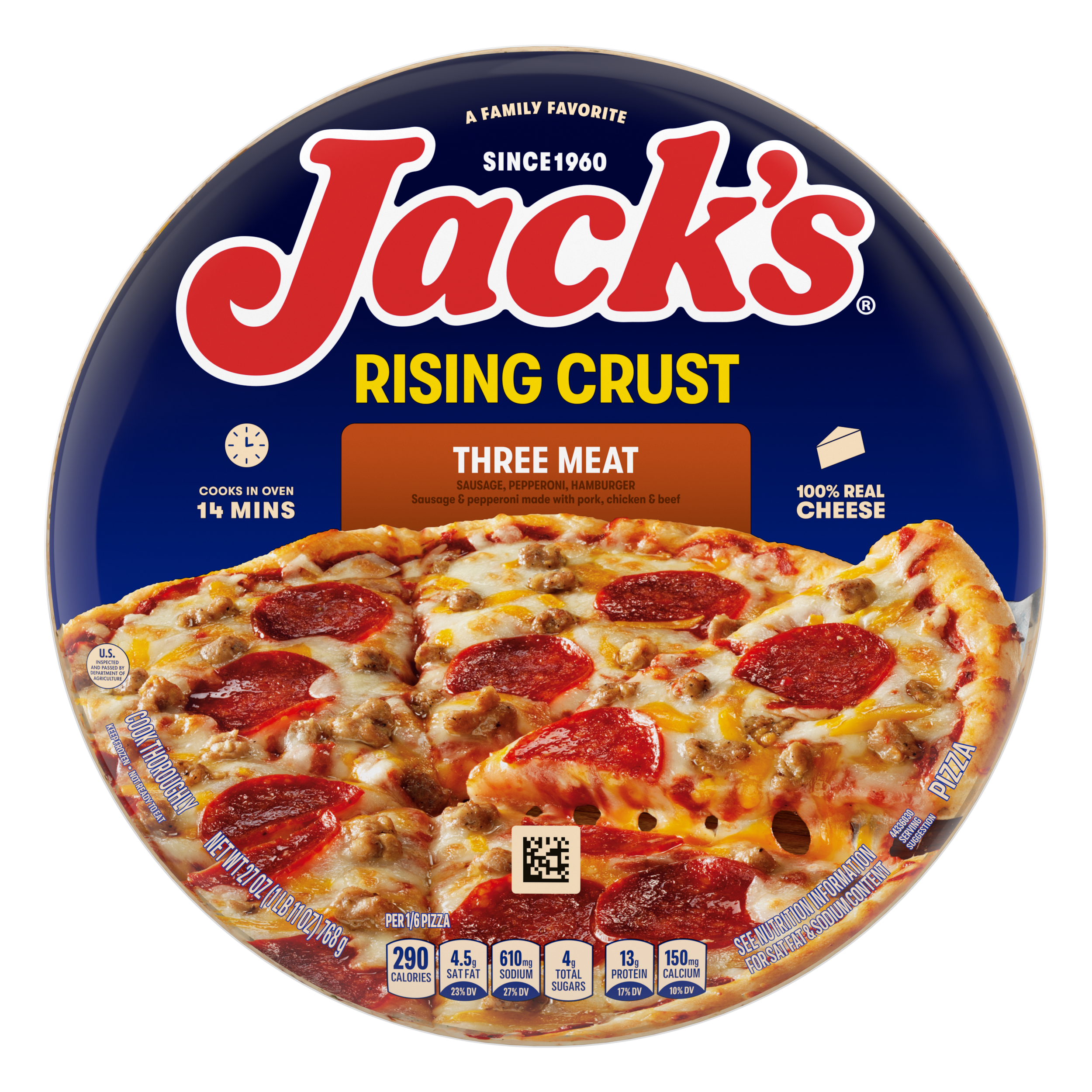 A package of three meat pizza with a dark orange label, a spatula under a pizza, and the Jack's logo on a blue background.