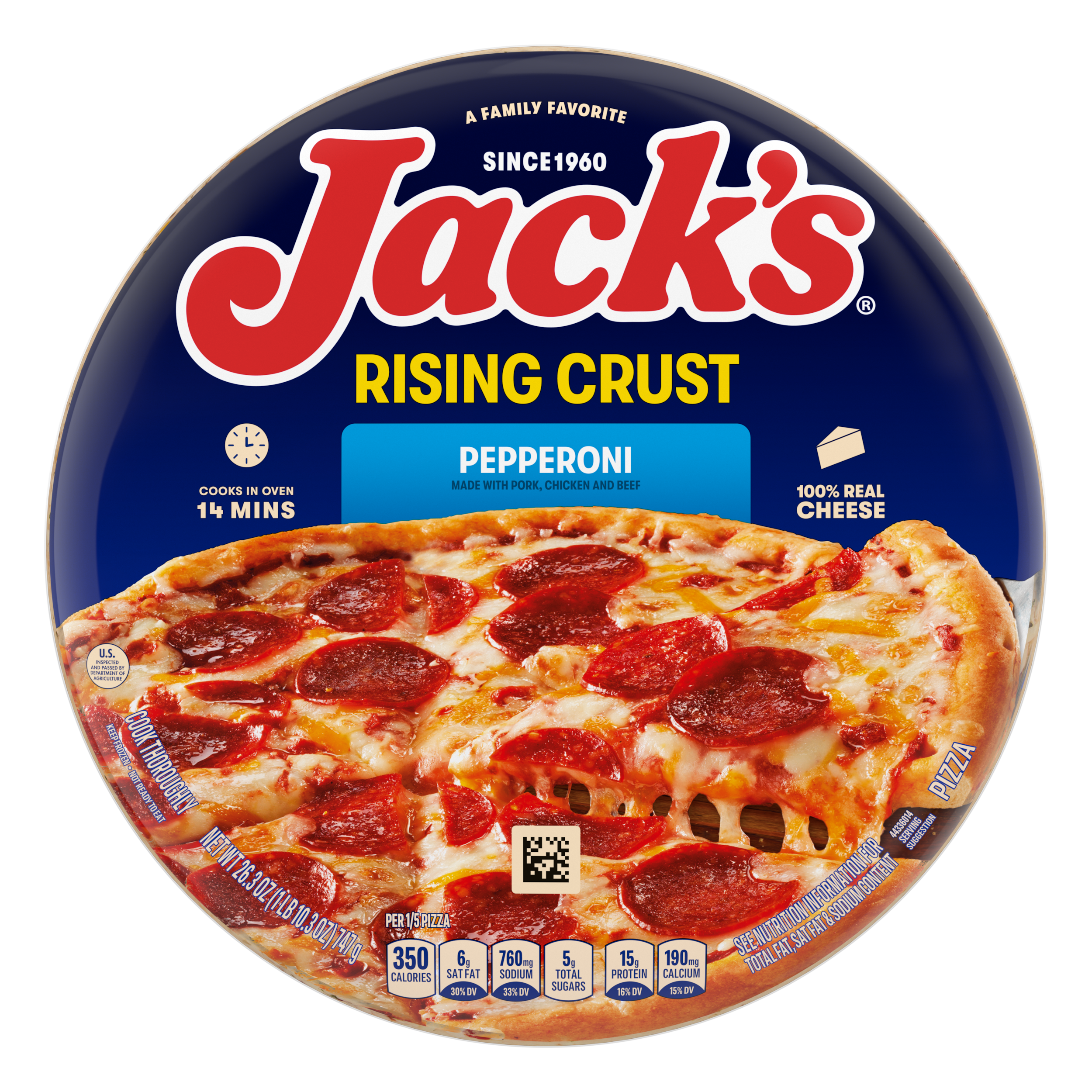 A package of pepperoni pizza with a blue label, a spatula lifting a pizza slice, and the Jack's logo on a blue background.