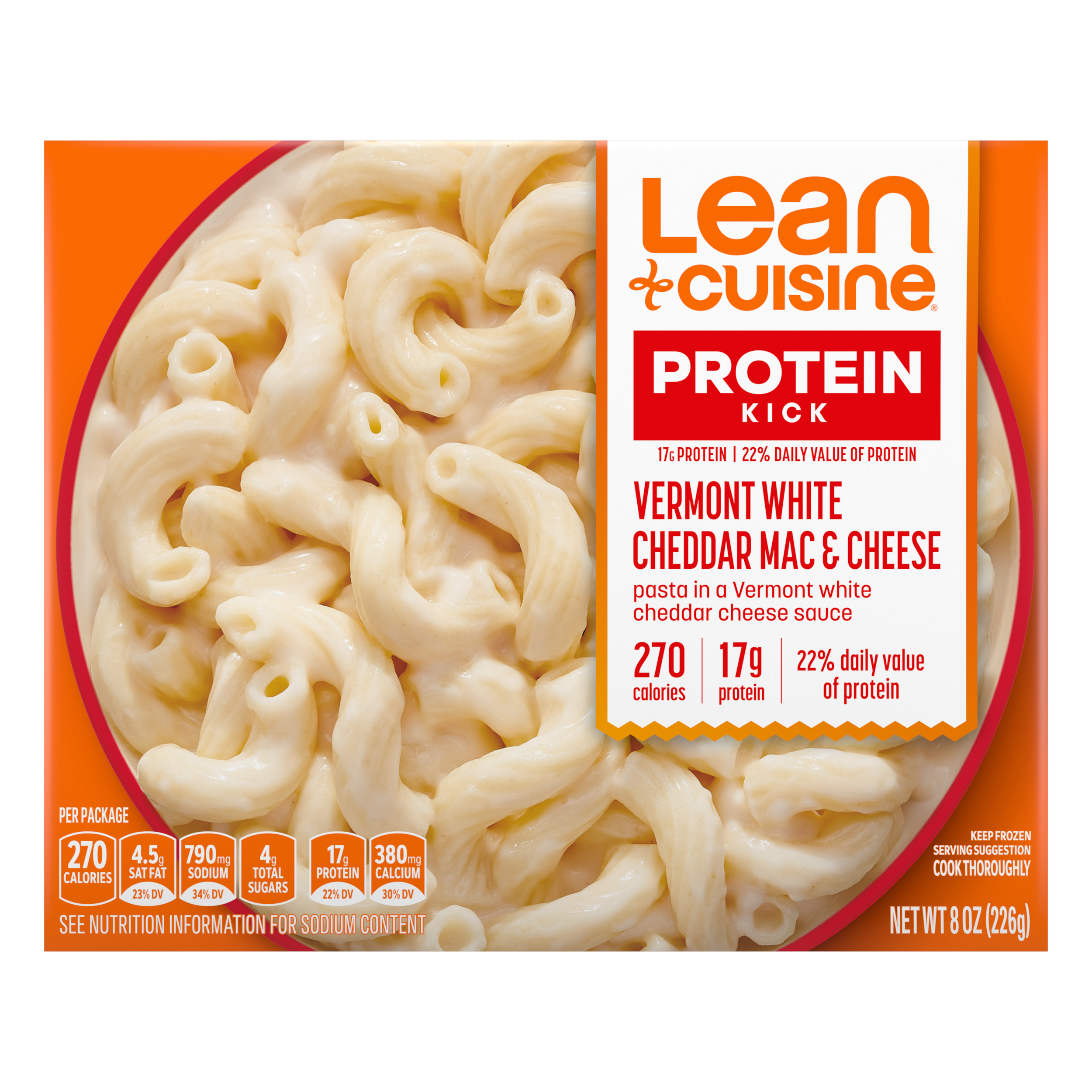 A box of Vermont White Cheddar Mac and Cheese with a Protein Kick label near a bowl of macaroni with Vermont cheddar sauce.