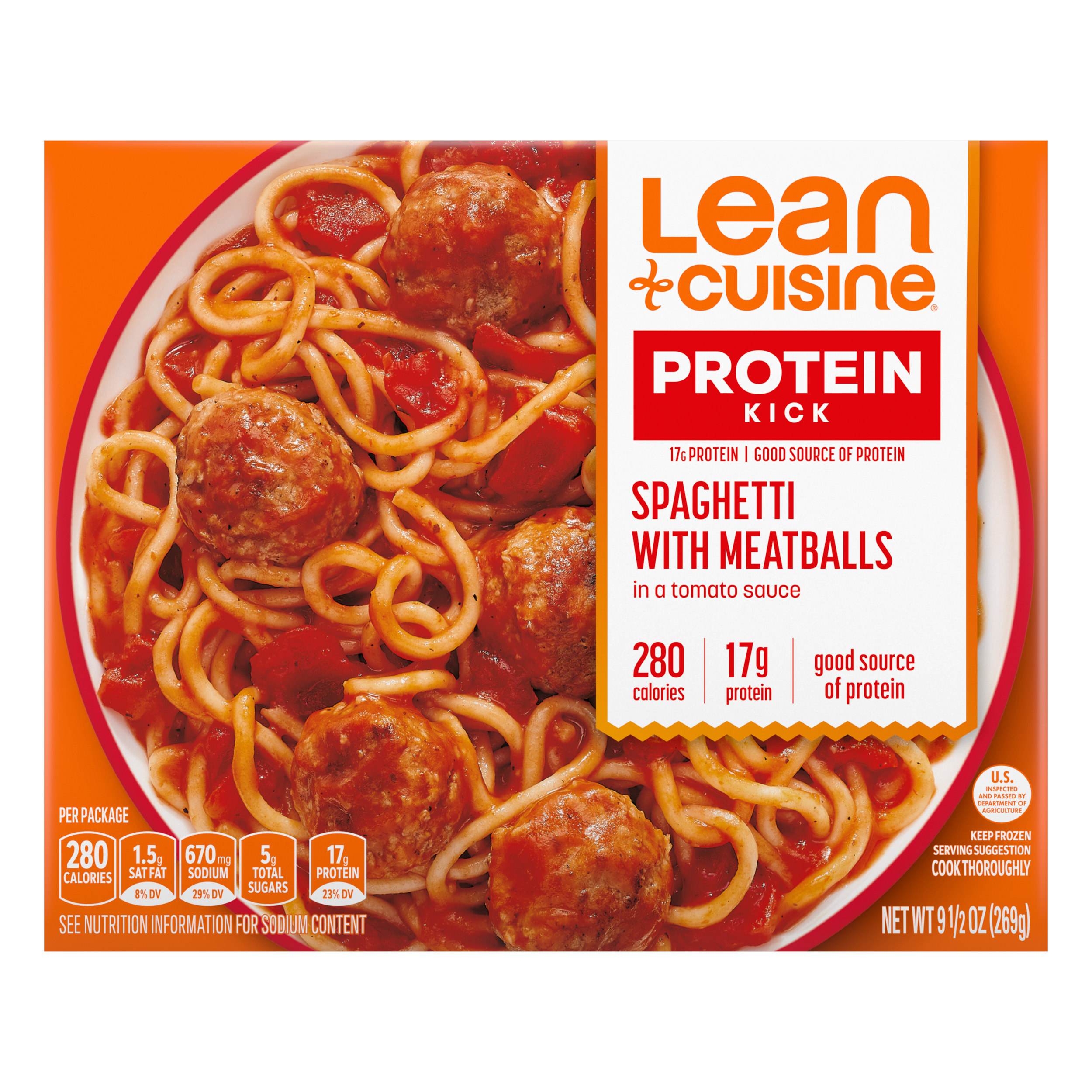 A box of Spaghetti with Meatballs with a Protein Kick label near a bowl of spaghetti and meatballs in tomato sauce.