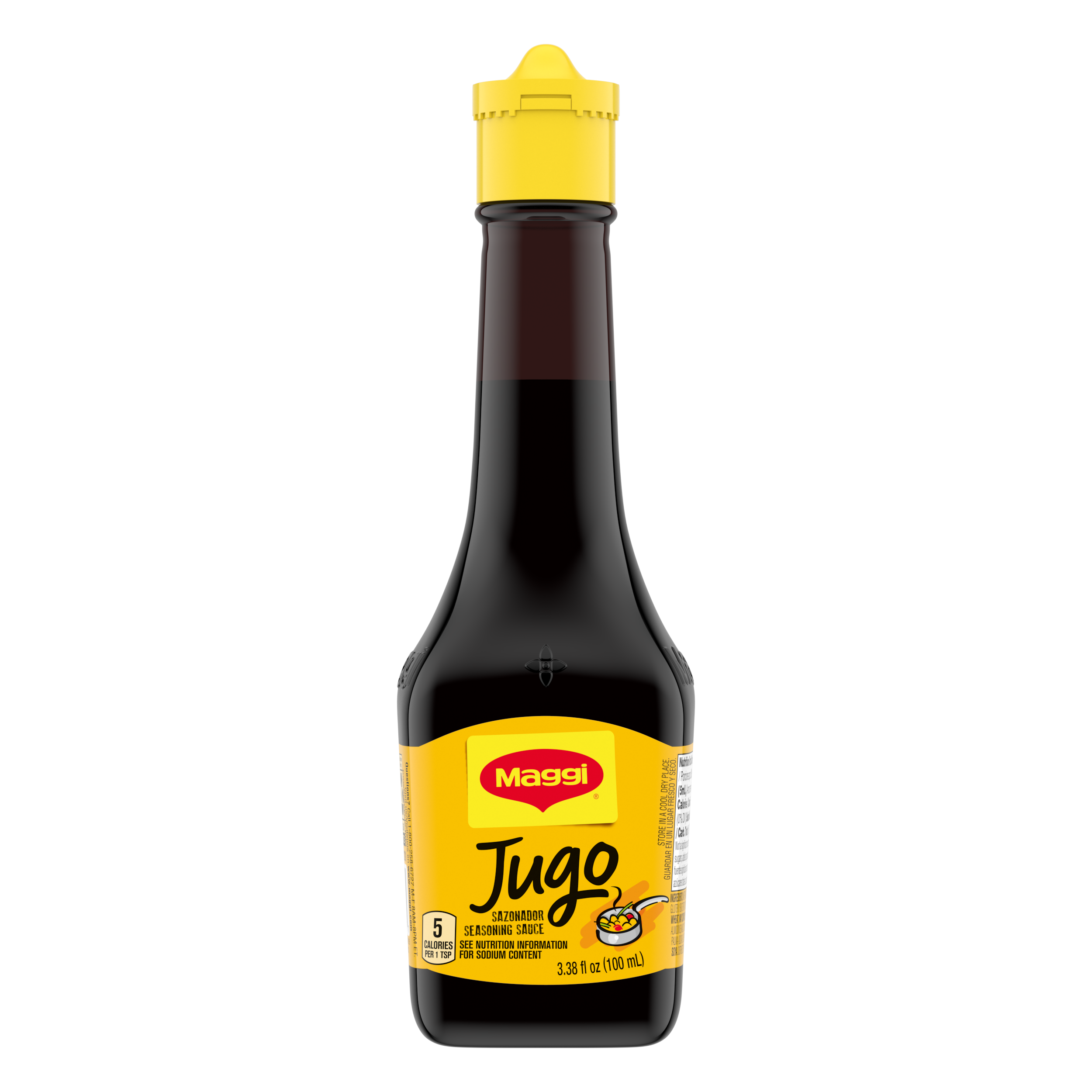 Package of MAGGI Jugo Seasoning Sauce with a bright yellow label with illustration of sautee pan.