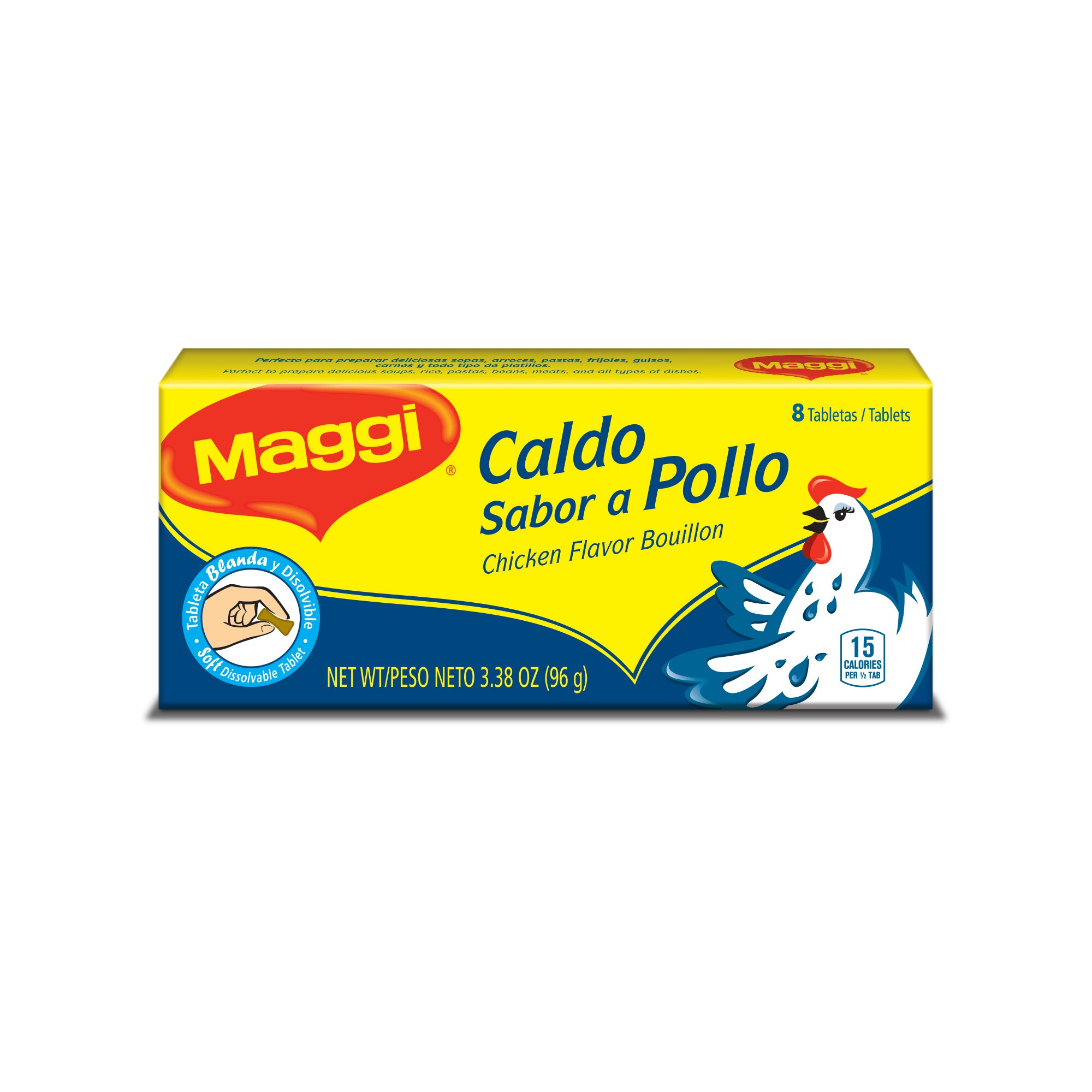 Front view of packaging for MAGGI Chicken Bouillon 8 Soft Tablets with an illustrated chicken on dark blue and yellow label.