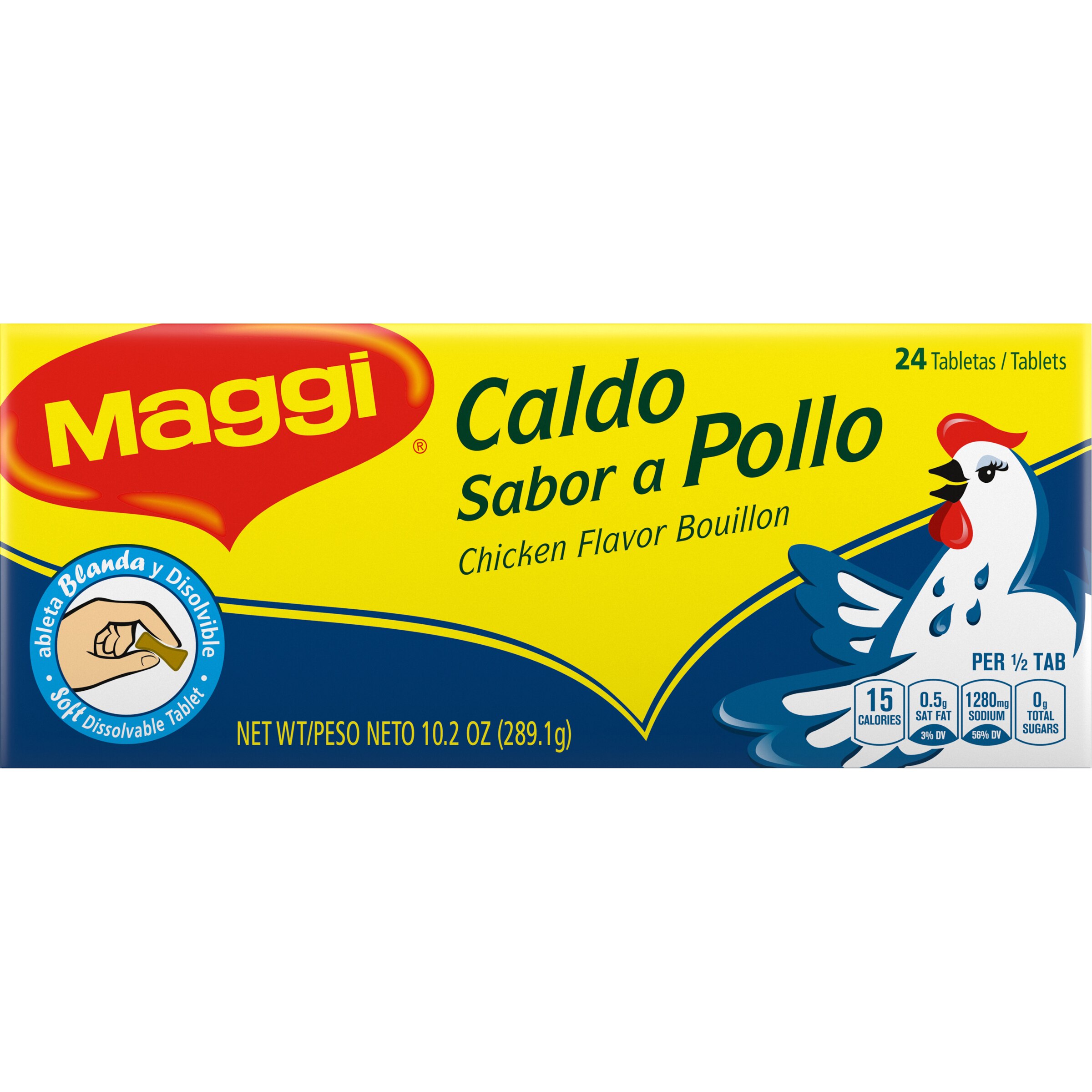 Front view of packaging for MAGGI Chicken Bouillon 24 Soft Tablets with an illustrated chicken on dark blue and yellow label.