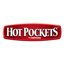 Logotipo de Hot Pockets con una pancarta rojo oscuro.