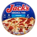 A package of pepperoni pizza with a blue label, a spatula under a pizza, and the Jack's logo on a blue wood background.