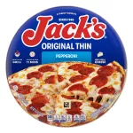 A package of pepperoni pizza with a blue label, a spatula under a pizza, and the Jack's logo on a blue wood background.