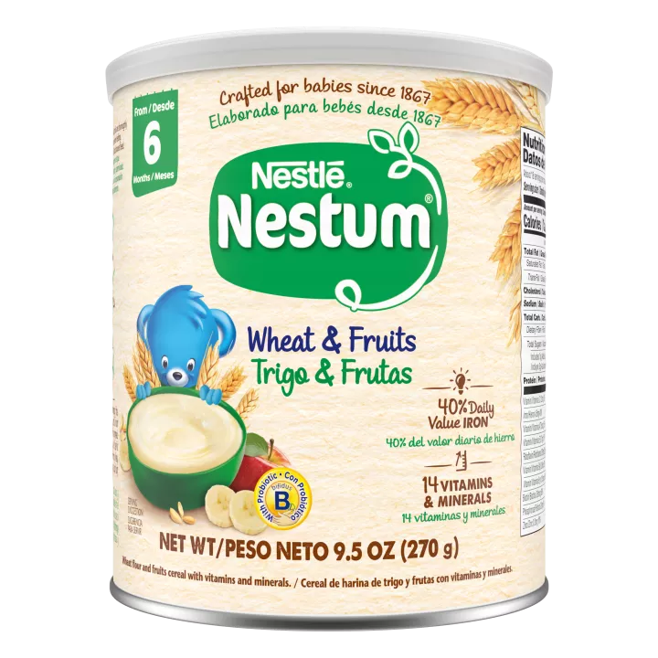  Vista frontal centrada de lata de NESTLE NESTUM Wheat & Fruits Infant Cereal Probiotic BL Iron PESO NETO de 9.5 oz (270 g).