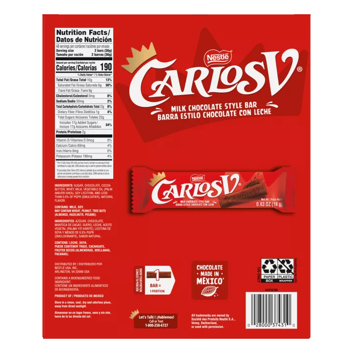 Nestle Carlos V Milk Chocolate Style Bars 96 Count Box, 60.9oz