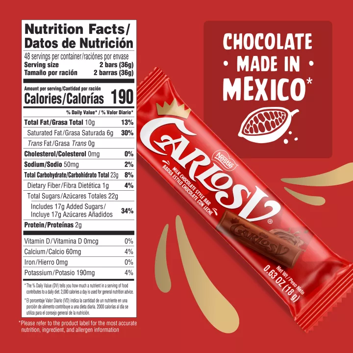 Nestle Carlos V Milk Chocolate Style Bars 96 Count Box, 60.9oz