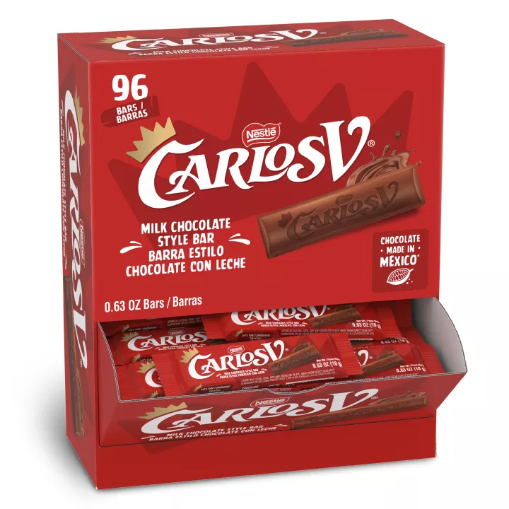 Front Center view of Nestle Carlos V Milk Chocolate Style Bars 96 Count Box, 60.9oz Carton:NET WT 3.8 LB (60.9 OZ) 1.72 kgBar:NET WT 0.63 OZ (18 g) product.