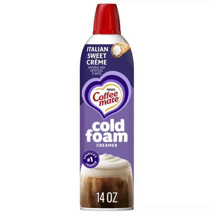 Front Center view of Coffee mate® Italian Sweet Crème Cold Foam Creamer, 14 oz Can NET WT 14 oz (396 g) product.