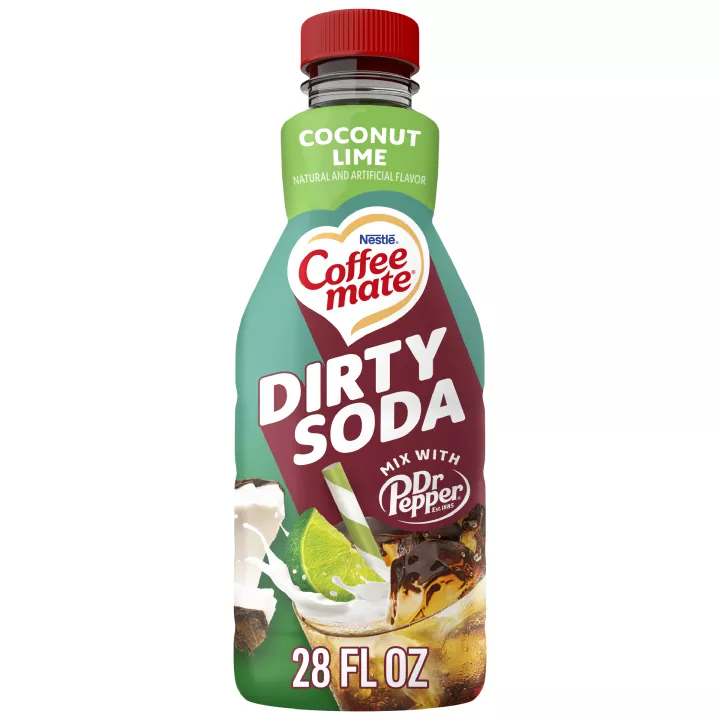 Front Center view of NESTLE COFFEE MATE Dirty Soda Coconut Lime Flavor Liquid Dirty Soda 28 fl.oz Bottle 28 FL OZ (1.75 PT) 828 mL product.