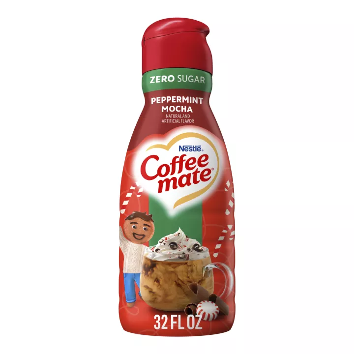 Vista frontal centrada de una botella de creamer líquido Coffee mate Nestle Zero Sugar Peppermint Mocha de 32 FL OZ (1 QT) 946 ml.